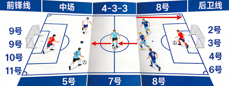 阿根廷队4-3-3阵型战术板示意图，显示球员跑位与进攻方向
